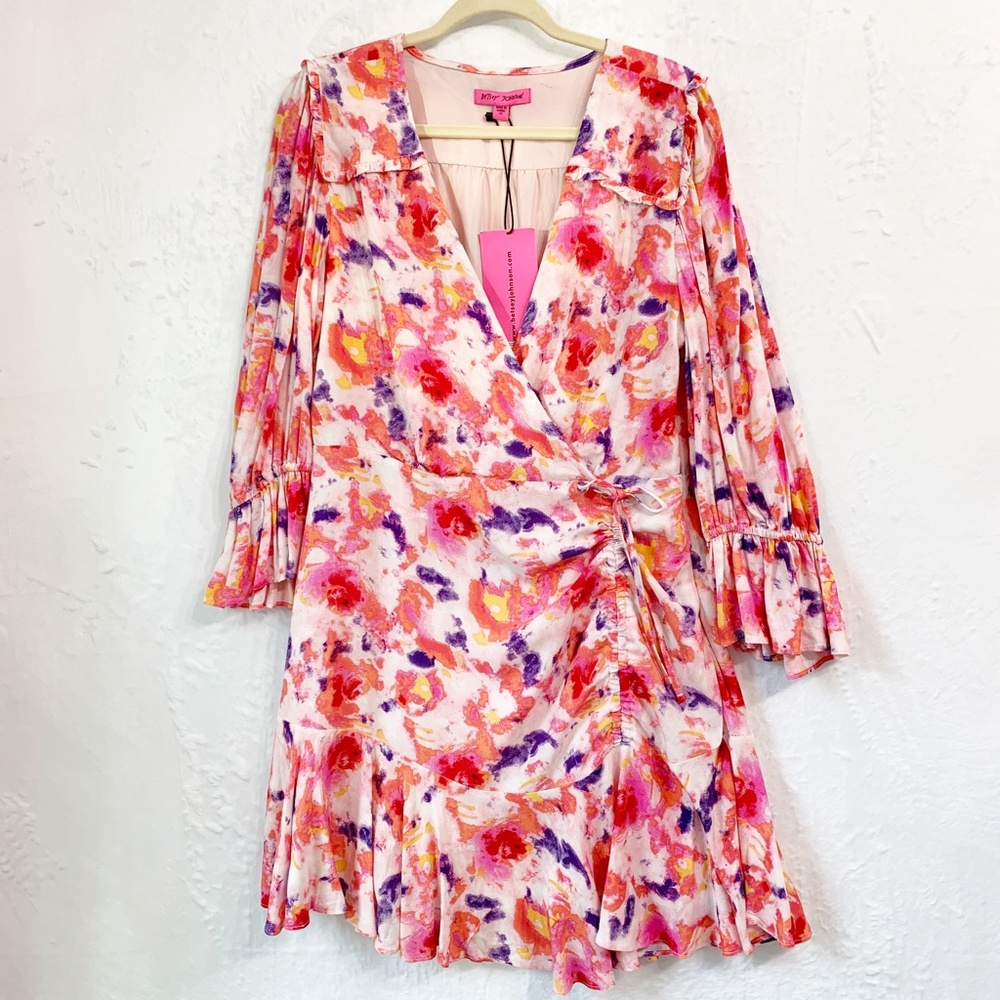 Betsey Johnson Pink Yarrow Faux Wrap Flounce Hem Dress Sz 12 - Picture 2 of 13
